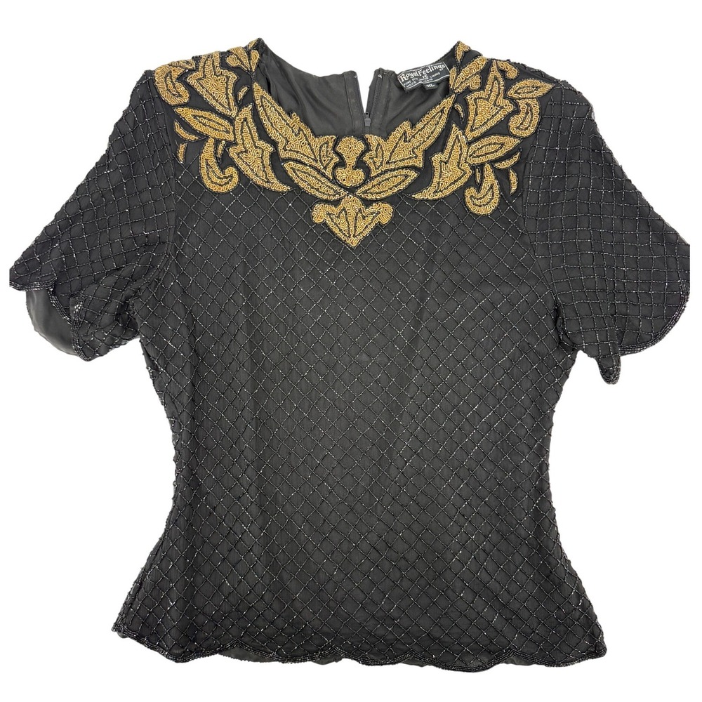 Royal Feelings Vintage 100% Silk Beaded Top Black Gold Sequin Evening Blouse XL - Picture 2 of 7